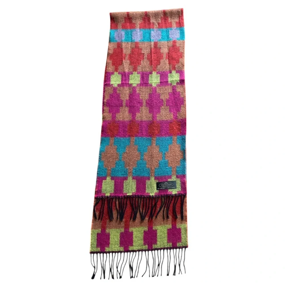 Vintage Cashmere Scarf Germany Geometric Hand Tailored Fringe 12x66